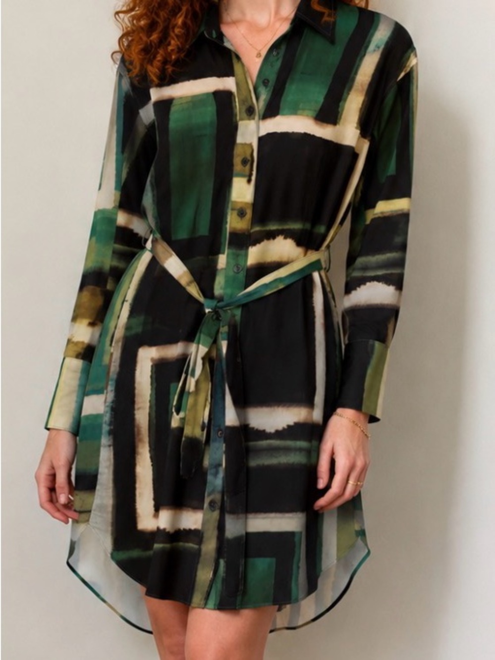 BANANA REPUBLIC Green and Black Maximalist Abstract Long Sleeve Shirt Dress XXS